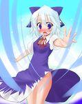  blush bow cirno dress hair_ribbon no_panties purple_eyes ribbon scarlet_(studioscr) skirt skirt_lift solo tears thighs touhou white_hair 