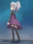  black_legwear blue_background blush darker_than_black dress from_side half-closed_eyes kuro_(be_ok) long_sleeves profile purple_dress purple_eyes short_hair silver_hair simple_background solo thighhighs yin zettai_ryouiki 