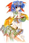  asuka_keisuke bare_shoulders belt blue_hair bow breasts cuffs hair_bow highres large_breasts lunar_wing navel open_mouth orange_eyes patti_(lunar_wing) simple_background skirt solo white_background 
