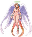  absurdly_long_hair anklet barefoot breasts collar feet full_body halo jewelry la_pucelle large_breasts long_hair nipples nude orange_hair poitreene ryoji_(nomura_ryouji) simple_background solo standing very_long_hair white_background wings 