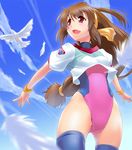  battle_athletes bird brown_hair day feathers hair_ribbon kanzaki_akari leotard long_hair low-tied_long_hair nilitsu open_mouth pink_leotard red_eyes ribbon sky solo thighhighs 