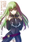  bangs breast_squeeze breasts c.c. code_geass detached_sleeves elbow_gloves gloves green_hair ihara_natsume large_breasts long_hair short_shorts shorts solo yellow_eyes 