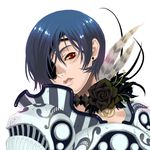  androgynous armor blue_hair copyright_request earrings eyepatch face feathers flower head_tilt jewelry miogrobin necklace red_eyes rose simple_background solo 