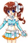  blue_eyes brown_hair gloves hair_ribbon long_hair lowres navel original oumi_neneha ribbon solo traditional_media 