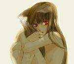  animal_ears backlighting holo long_hair nude red_eyes secca12 sideways_glance simple_background solo spice_and_wolf tail tail_hug wolf_ears 