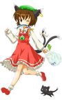  :3 animal_ears bag brown_eyes brown_hair cat cat_ears cat_tail chen earrings fish groceries hat jewelry michii_yuuki mouth_hold multiple_tails one_eye_closed ribbon short_hair solo spring_onion tail tail_ribbon touhou 