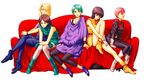  aoi_subaru aqua_hair beltorchika_irma blonde_hair boots brown_hair emma_sheen fa_yuiry four_murasame gloves green_eyes green_footwear gundam leggings multiple_girls pantyhose pink_hair sarah_zabiarov short_hair tunic zeta_gundam 