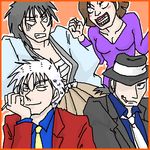  3boys akagi akagi_shigeru arsene_lupin_iii arsene_lupin_iii_(cosplay) artist_request black_jacket cosplay crossover ishikawa_goemon_xiii ishikawa_goemon_xiii_(cosplay) itou_kaiji jacket jigen_daisuke jigen_daisuke_(cosplay) kaiji lowres lupin_iii mine_fujiko mine_fujiko_(cosplay) multiple_boys necktie oekaki parody red_jacket white_neckwear yellow_neckwear 