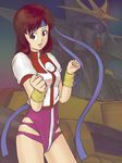  blue_headband brown_eyes brown_hair gunbuster gym_uniform headband leotard mecha pink_leotard projected_inset super_robot takaya_noriko top_wo_nerae! wristband 