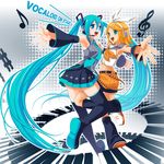  bad_id bad_pixiv_id blue_eyes blue_hair circular_keyboard green_eyes hatsune_miku headset highres instrument kagamine_rin legs long_hair midriff multiple_girls orange_hair piano_keys shiitake_urimo thighhighs twintails very_long_hair vocaloid 