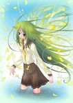  ginkgo green_eyes green_hair leaf long_hair saya saya_no_uta school_uniform shachihiko_(nabe_project) solo water wings 