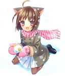  ahoge animal_ears brown_hair brown_legwear cat_ears fang gloves hamamo looking_at_viewer original pantyhose pink_scarf plaid plaid_scarf purple_eyes scarf short_hair simple_background snow solo 