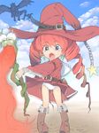  akinbo_(hyouka_fuyou) bad_id bad_pixiv_id blue_eyes boots brown_footwear dragon dress drill_hair hat panties pixiv_fantasia pixiv_fantasia_1 red_dress red_hair red_hat solo thigh_gap twin_drills twintails underwear upskirt white_panties witch witch_hat 