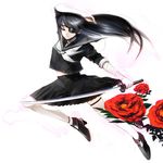  arm_up aura bandaged_arm bandaged_neck bandages bangs black_footwear black_serafuku black_skirt breasts closed_mouth eyepatch floating_hair flower glasses high_heels holding holding_sword holding_weapon jumping katana long_hair long_sleeves medium_breasts neckerchief one_eye_covered original peony_(flower) red_eyes red_flower rimless_eyewear school_uniform serafuku simple_background skirt skull_and_crossbones sleeves_rolled_up solo straight_hair swept_bangs sword takashima unsheathed weapon white_background white_neckwear 