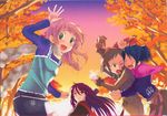  autumn blush happy highres kazakami_shun leaf magi-cu multiple_girls scan scarf smile waving 