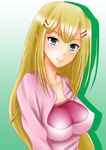  blonde_hair breasts closed_mouth collarbone face green_background green_eyes gundam gundam_00 hair_ornament hairclip kishida-shiki large_breasts long_hair looking_at_viewer louise_halevy pink_shirt shirt simple_background skin_tight solo very_long_hair 