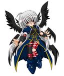  arm_belt asymmetrical_legwear black_wings chibi facial_mark fingerless_gloves gloves head_wings jacket kei_(fortune) leg_belt long_hair lyrical_nanoha magical_girl mahou_shoujo_lyrical_nanoha mahou_shoujo_lyrical_nanoha_a's multiple_wings open_clothes open_jacket red_eyes reinforce silver_hair single_thighhigh solo thighhighs waist_cape winged_hair_ornament wings 