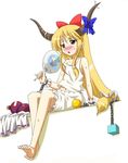  :o barefoot blonde_hair blush bow brown_eyes cameo chain cirno clothes fan gourd hair_bow horns ibuki_suika long_hair michii_yuuki midriff navel paper_fan sitting solo strap_slip sweat touhou uchiwa very_long_hair 