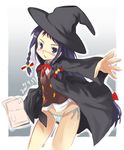  ayase_yue blue_eyes blush book braid cloak hat long_hair mahou_sensei_negima! no_pants noripachi orbis_sensualium_pictus panties purple_hair side-tie_panties solo twin_braids underwear witch_hat 