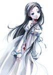  black_hair blood blood+ blue_eyes diva_(blood+) dress izumiya_otoha long_hair simple_background smirk solo white_dress 
