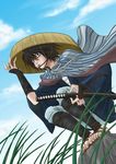  bags_under_eyes death_note food japanese_clothes jpeg_artifacts l_(death_note) male_focus sandogasa shachihiko_(nabe_project) solo sword weapon 