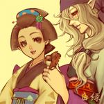  1girl androgynous artist_request bandana bird blonde_hair blue_eyes brown_eyes brown_hair facepaint facial_tattoo flower hair_flower hair_ornament hair_tie japanese_clothes kanzashi kayo kimono kusuriuri_(mononoke) lowres makeup mononoke nihongami obi pointy_ears sash tattoo 