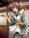  :d ahoge apron asakura_nemu bangs bell bell_choker blue_eyes blush brown_hair choker cup da_capo da_capo_i dango food hair_ribbon highres holding holding_tray indoors japanese_clothes jingle_bell kimono leaning_forward looking_at_viewer nanao_naru open_mouth orange_ribbon ribbon sanshoku_dango short_hair sliding_doors smile solo tray wa_maid wagashi waitress 