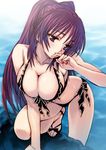  bad_id bad_pixiv_id bikini biting blush breasts brown_eyes cleavage finger_biting frilled_bikini frills front-tie_top kousaka_tamaki large_breasts long_hair purple_hair red_hair sandals side-tie_bikini solo swimsuit to_heart_2 toppuhamuhatto twintails water 