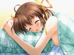  asakura_nemu bed blush breasts brown_hair closed_eyes da_capo da_capo_i game_cg jpeg_artifacts medium_breasts nanao_naru pillow ribbon short_hair sideboob solo wallpaper 