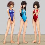  barefoot black_eyes black_hair brown_eyes brown_hair competition_swimsuit futami_eriko highleg highleg_swimsuit kimi_kiss long_hair multiple_girls non-web_source one-piece_swimsuit sakino_asuka shijou_mitsuki swimsuit 