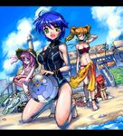  3girls adapted_costume ball barefoot beach beachball bikini blue_hair blush breasts brown_hair caro_ru_lushe cleavage day dragon drink erio_mondial feet friedrich gadget_drone impossible_clothes large_breasts leg_hug lyrical_nanoha m_ganzy mahou_shoujo_lyrical_nanoha_strikers medium_breasts midriff multiple_girls non-web_source one_eye_closed orange_hair orange_sarong outdoors pink_hair sarong stereo subaru_nakajima swimsuit teana_lanster twintails water 