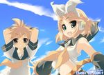  1girl amanooni_touri armpits brother_and_sister cloud day hits kagamine_len kagamine_rin outdoors siblings sky twins vocaloid 