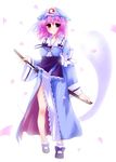  bare_legs bloom cherry_blossoms hat hitodama jpeg_artifacts katana petals pink_hair red_eyes saigyouji_yuyuko sheath side_slit solo subachi sword touhou unsheathing weapon 