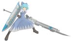  1girl artist_request blue_eyes blue_hair boots cirno dress gloves gun gunlance monster_hunter parody ribbon shield solo touhou weapon 