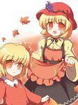  aki_minoriko aki_shizuha blonde_hair food fruit grapes hair_ornament hat leaf leaf_hair_ornament leaf_on_head multiple_girls orange_eyes ry short_hair siblings sisters skirt skirt_lift smile touhou yellow_eyes 