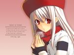  character_name copyright_name fate/stay_night fate_(series) german hat illyasviel_von_einzbern long_hair pink_background red_eyes red_hat red_scarf scarf shingo_(missing_link) solo wallpaper white_hair 