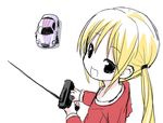  :d black_eyes blonde_hair controller hayate_no_gotoku! kiira long_hair lowres open_mouth remote_control sanzen'in_nagi simple_background smile solo toy_car twintails white_background 