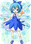  1girl blue_eyes blue_hair bow cirno jpeg_artifacts michii_yuuki pointing ribbon solo touhou wings 