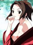  breasts brown_hair finger_on_mouth finger_to_mouth fuu japanese_clothes kimono nipples samurai_champloo 