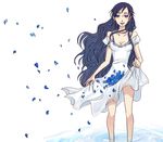  artist_request black_hair blood+ blue_eyes blue_flower blue_rose diva_(blood+) dress flower long_hair petals rose skirt_basket solo water white_dress wind 