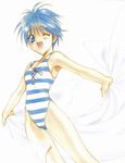  90s angel_flavor artbook blush highres kusunoki_hatsumi nanase_aoi one-piece_swimsuit seraphim_call solo striped striped_swimsuit swimsuit towel white_background 