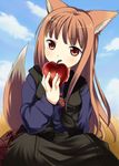  animal_ears apple food fruit holding holding_food holding_fruit holo jimeko long_hair solo spice_and_wolf tail wolf_ears 