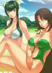  bikini breasts brown_eyes brown_hair bun_cover cleavage covered_nipples day double_bun green_hair gundam gundam_00 large_breasts legs multiple_girls navel suka_kusujirou sumeragi_lee_noriega swimsuit thighs wang_liu_mei 