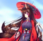  1girl amagi_(azur_lane) animal_ears azur_lane bangs blunt_bangs breasts brown_hair choker eyebrows_visible_through_hair fox_ears hair_ornament japanese_clothes kimono large_breasts long_hair mikoto_(mikoto_r_a) oriental_umbrella purple_eyes solo thick_eyebrows umbrella wide_sleeves 