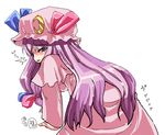  all_fours blue_bow blush bow crescent frills from_behind hair_bow hat long_hair long_sleeves looking_back mob_cap multi-tied_hair oekaki patchouli_knowledge purple_eyes purple_hair red_bow sayuu_hanten simple_background solo touhou very_long_hair white_background 