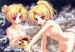  absurdres bent_over blonde_hair breasts double_bun duplicate highres magus_tale medium_breasts multiple_girls nina_geminis nipples nude onsen ponytail purple_eyes rena_geminis rubber_duck scan siblings sisters sitting steam tenmaso twins wading water wet 