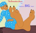  2019 3_toes anthro barefoot berenstain_bears bonnet breasts claws clothed clothing dress english_text fedupfox feet female foot_focus fur hi_res looking_at_viewer mama_bear mammal mature_female plantigrade soles solo text toe_claws toes ursid 