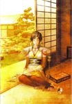  architecture artist_request box breasts brown_hair cleavage east_asian_architecture headband highres medium_breasts nene_(sengoku_musou) official_art scan sengoku_musou sengoku_musou_2 short_hair sleeping solo tree 