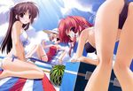  absurdres amaizumimoriamekoyori_no_mikoto ass barefoot bikini black_hair blonde_hair blue_eyes blush breasts cloud day food front-tie_top fruit hat highres kahara_mizuki kamipani! katase_megumi kneepits leaning_forward light_rays long_hair looking_back medium_breasts multiple_girls polka_dot polka_dot_bikini polka_dot_swimsuit popsicle red_hair shintarou side-tie_bikini sky sunbeam sunlight swimsuit watermelon 