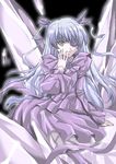  barasuishou crystal doll dress flower flower_eyepatch hair_ribbon hand_on_own_face long_sleeves looking_at_viewer lowres midori_(searchlight) parted_lips purple_dress ribbon rose rozen_maiden silver_hair sitting solo twintails yellow_eyes 